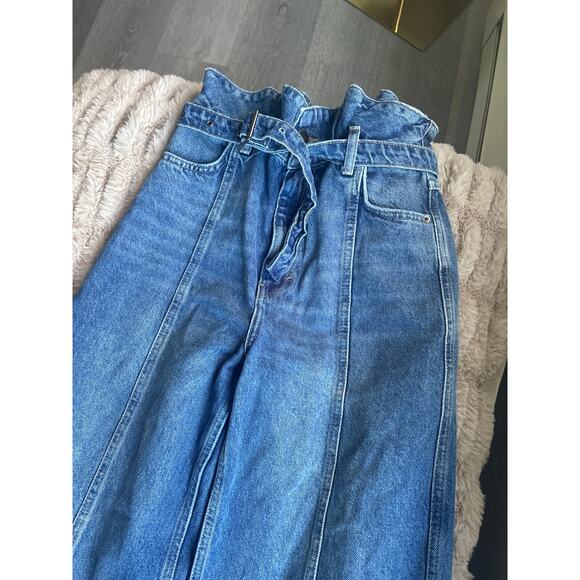 Zara Pleated Paperbag Wide Leg Jeans Size 4 Baggy High Rise Belted Barrel Denim - Picture 7 of 11